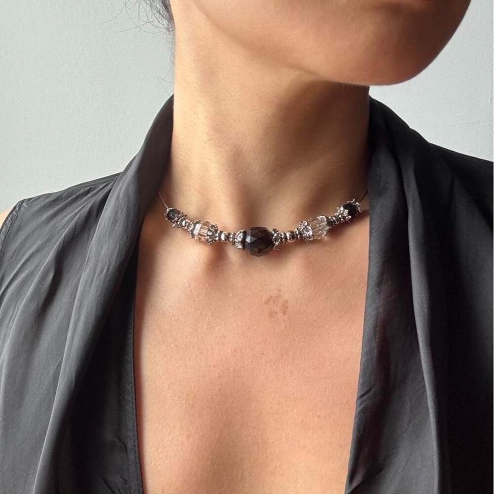 Vintage black red silver beaded victorian revival choker
